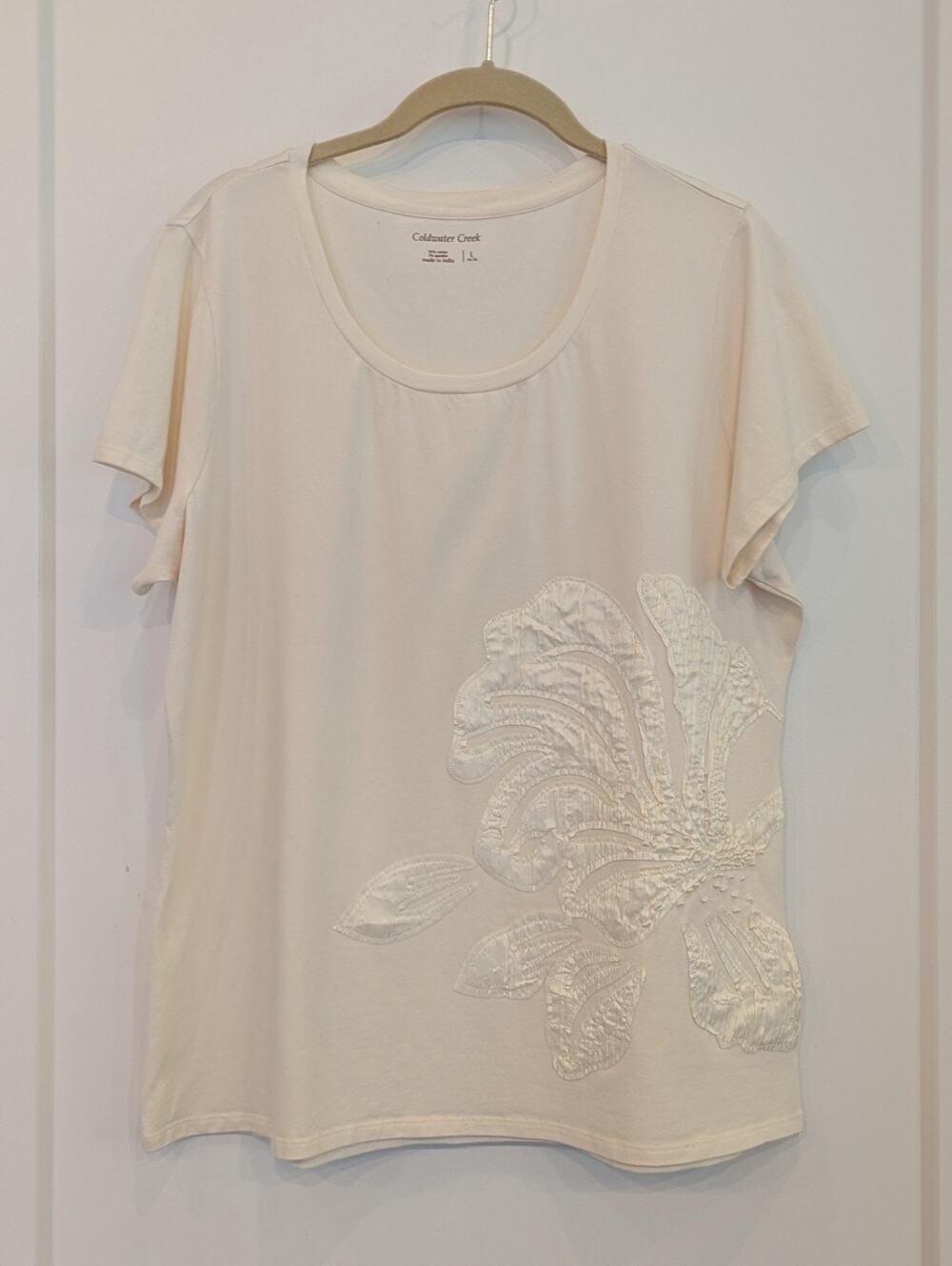 Coldwater Creek Ivory Floral Applique T-shirt L 14/16 Cotton Stretch Boho Art